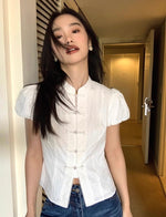 Load image into Gallery viewer, Puff Sleeve Cheongsam Blouse in White
