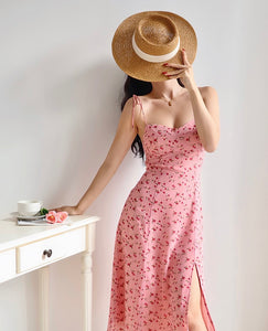 Blush Floral Tie Strap Slit Dress in Pink