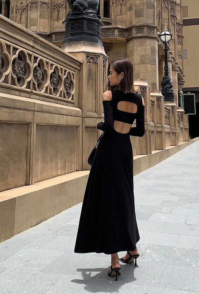 Long Sleeve Cutout Back Maxi Dress in Black
