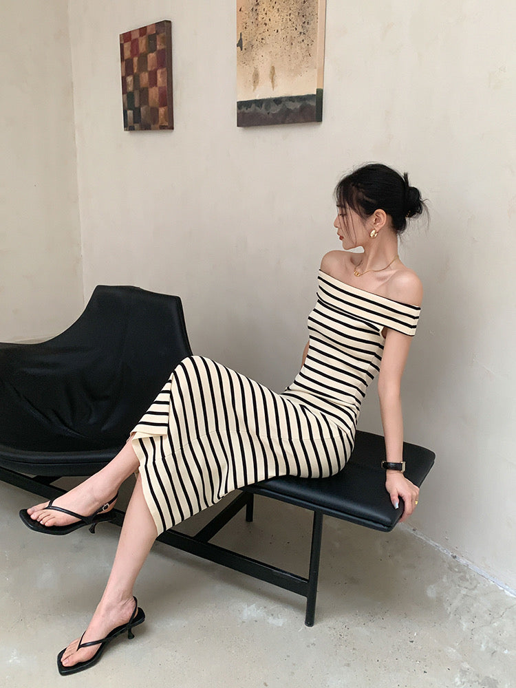 Off Shoulder Striped Midi Dress in Beige