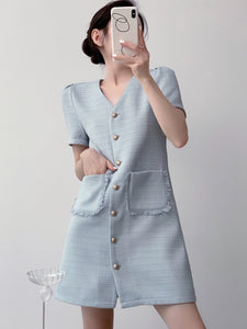 Tweed Pocket Shift Dress in Blue
