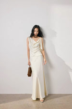 Load image into Gallery viewer, Satin Asymmetric Drape Top // Maxi Slip Skirt Set in Cream
