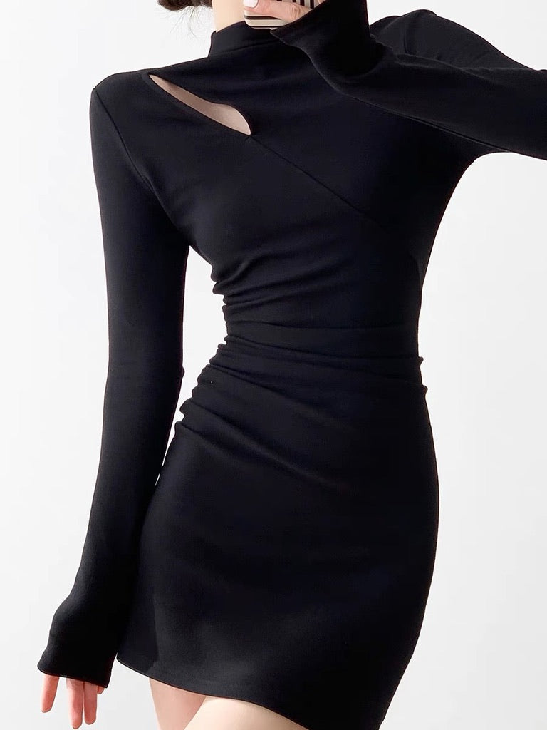 Long Sleeve Cutout Mini Bodycon Dress in Black