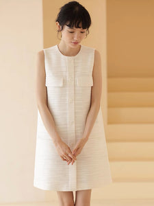Textured Button Shift Dress in White