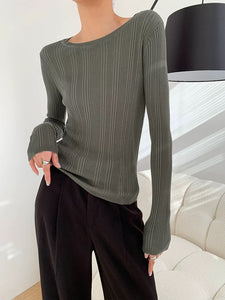 Long Sleeve Ribbed Top in Grey Green