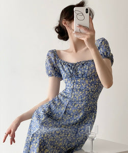Floral Puff Sleeve Slit Dress in Blue