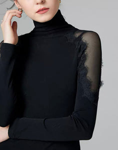 Sheer Lace Turtleneck Top in Black