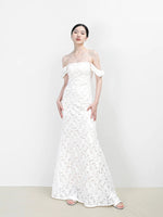 Load image into Gallery viewer, Off Shoulder Lace Gown in White
