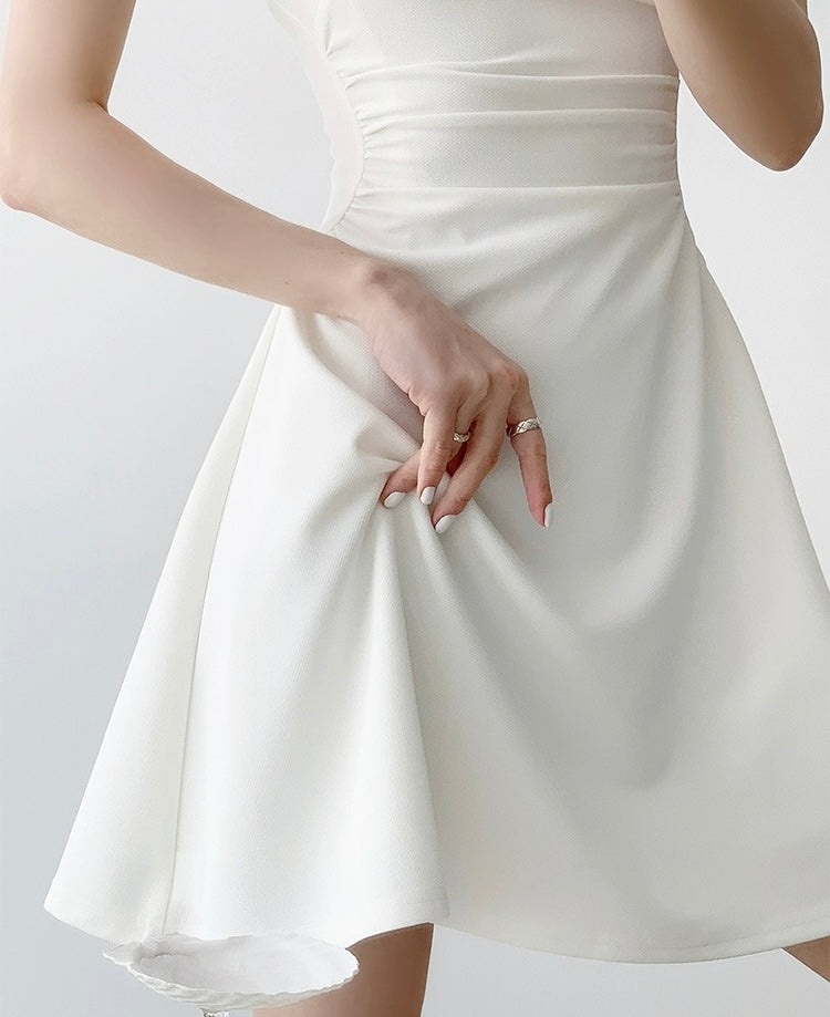 Side Gathered Flare Mini Dress in White
