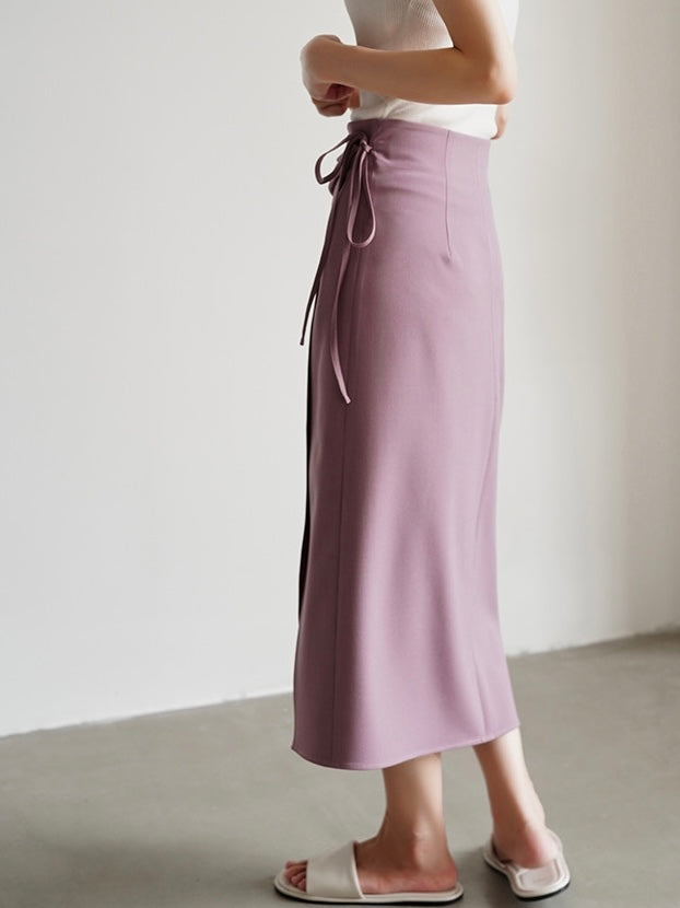 Midi Wrap Tie Slit Skirt in Brown