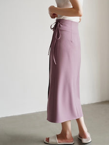 Midi Wrap Tie Slit Skirt in Brown