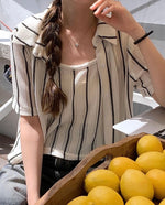 Load image into Gallery viewer, Korean Striped Cami + Shirt Set in Cream/Black
