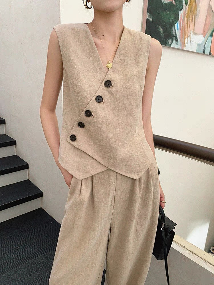 Asymmetric Button Linen Tuxedo Vest in Khaki