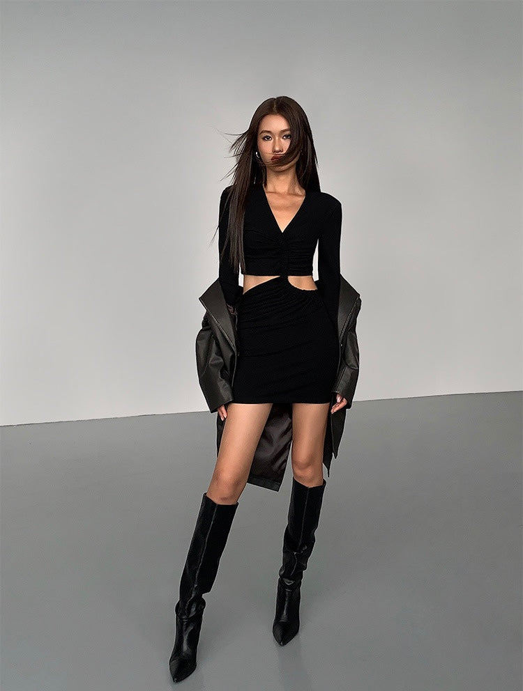 Cutout Long Sleeve Bodycon Mini Dress in Black