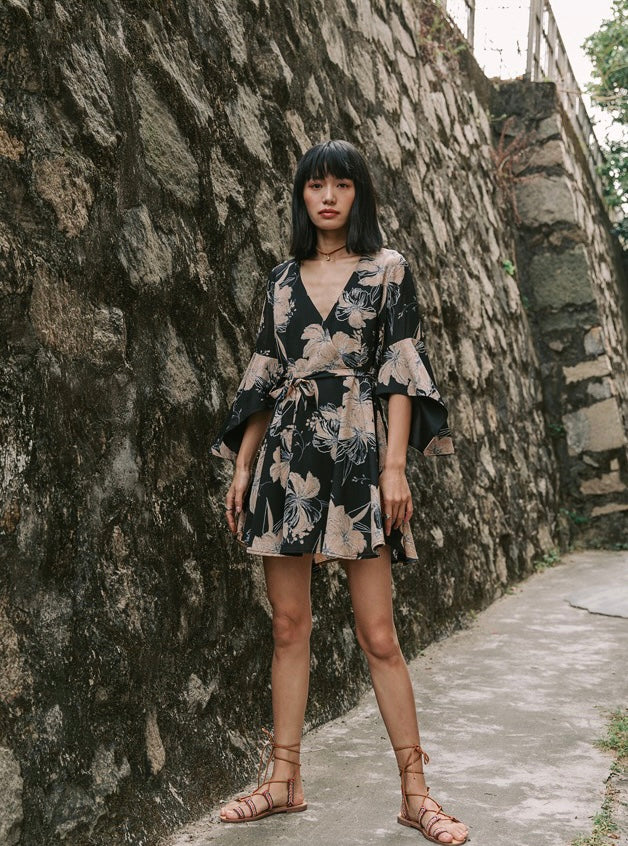 Floral Flare Mini Wrap Dress in Navy