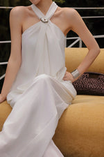 Load image into Gallery viewer, Halter Embellished Top // Trousers Set in Off White

