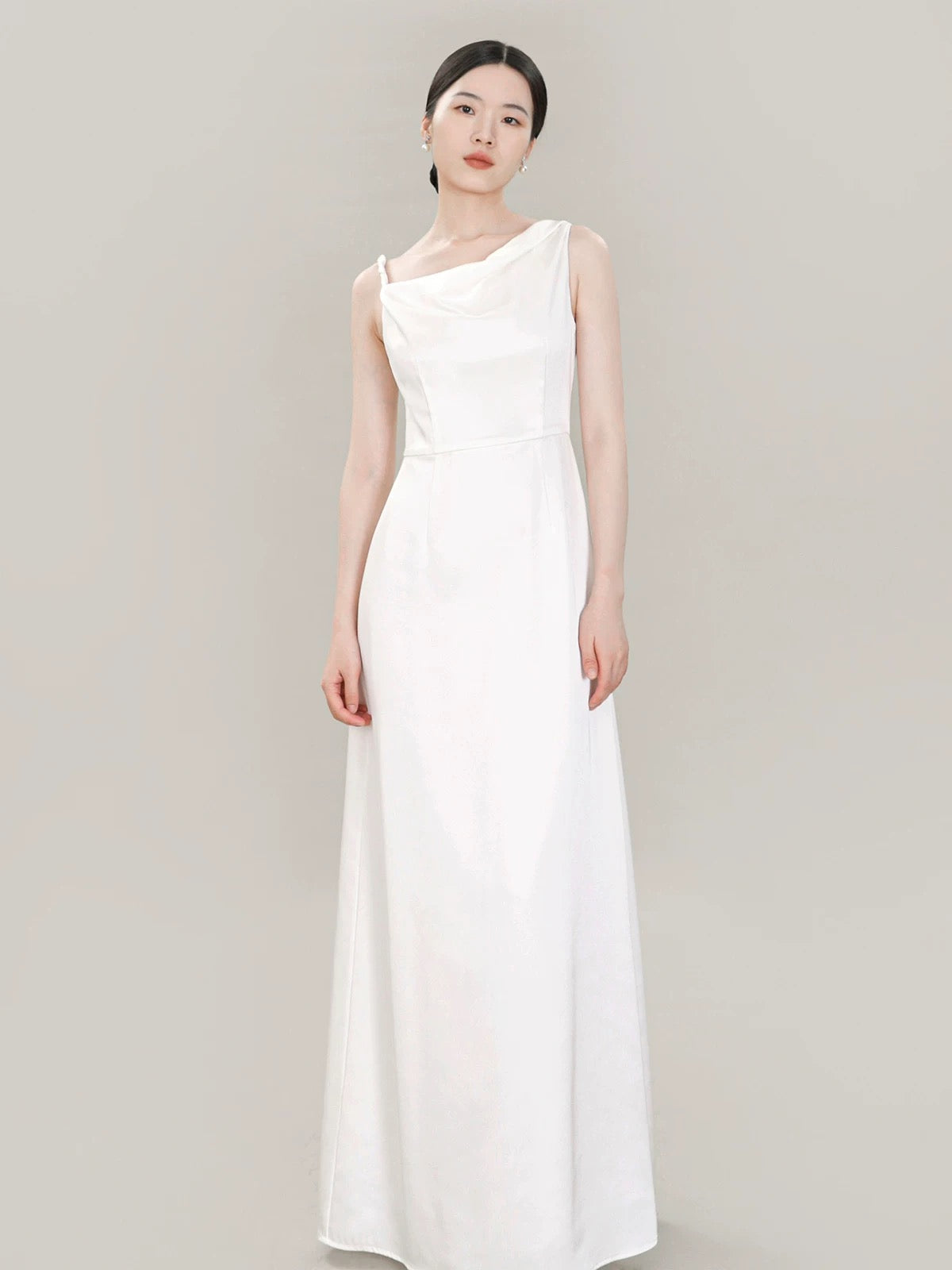 Asymmetric Shoulder Gown in White