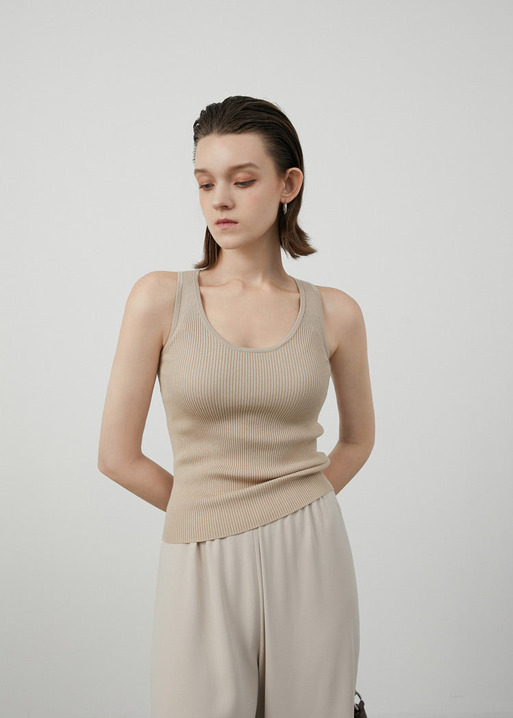 Classic Ribbed U Neck Tank Top in Tan