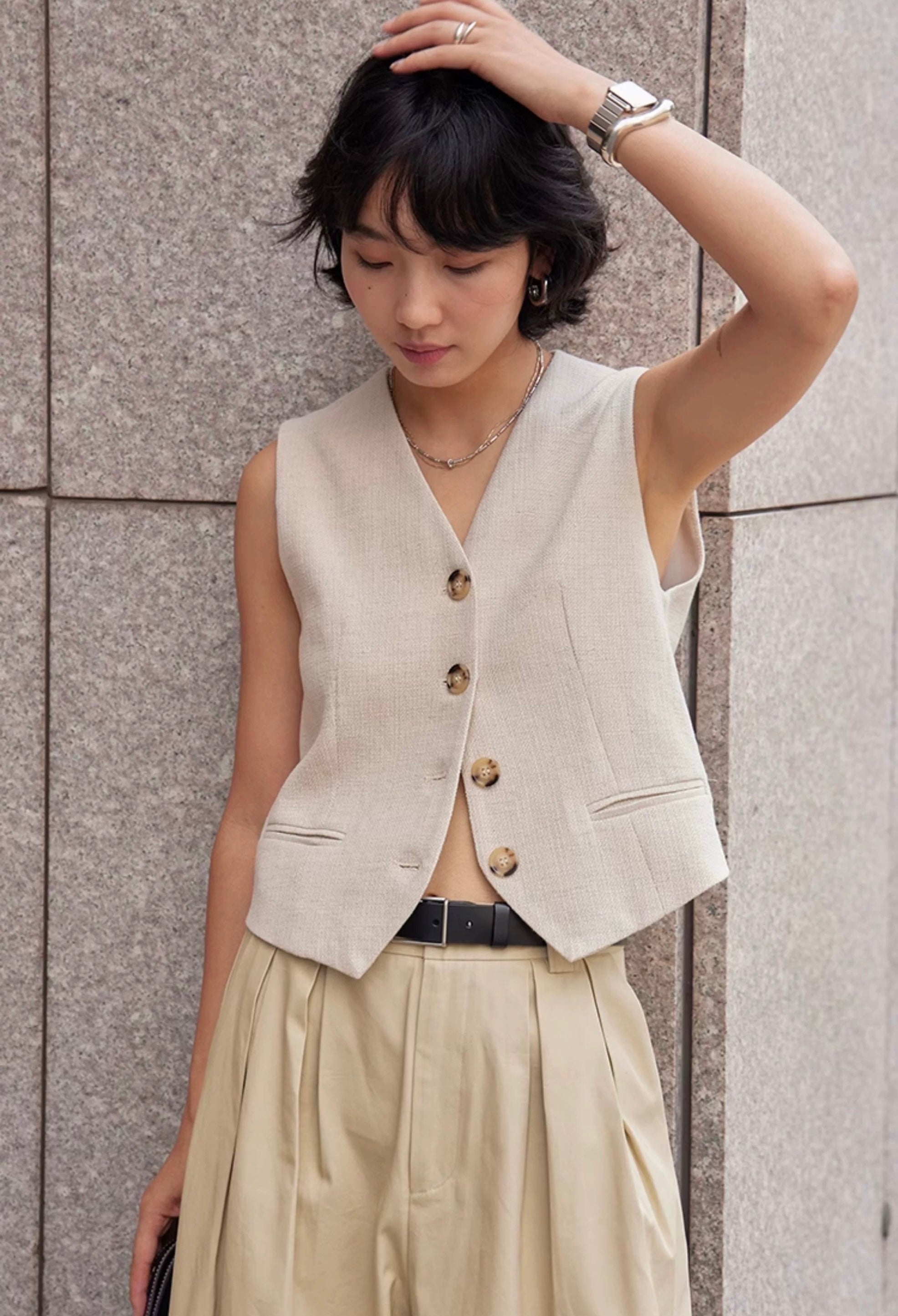 Textured Linen Vest in Cream