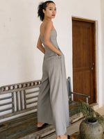 Load image into Gallery viewer, Off Shoulder Striped Pocket Maxi Jumpsuit in Grey
