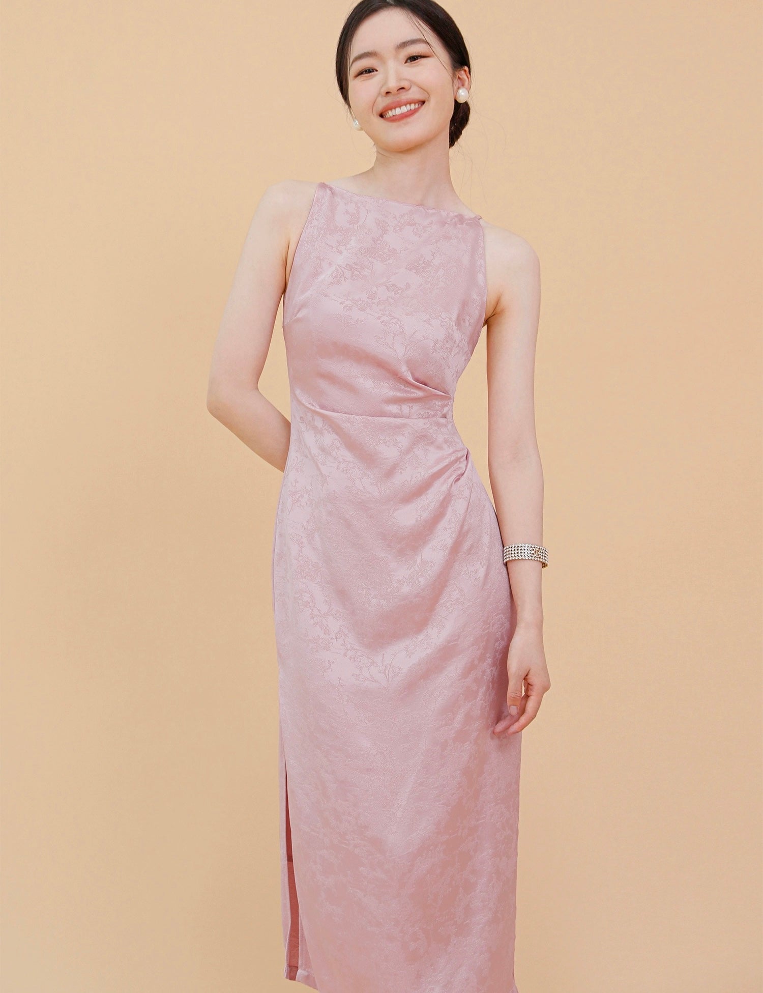 Chinoiserie Satin Slit Dress in Pink