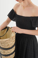 Load image into Gallery viewer, Off Shoulder Textured Pocked Maxi Dress in Black
