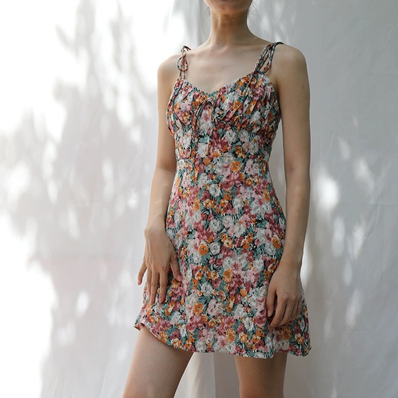 Antique Floral Cami Tie Mini Dress in Multi