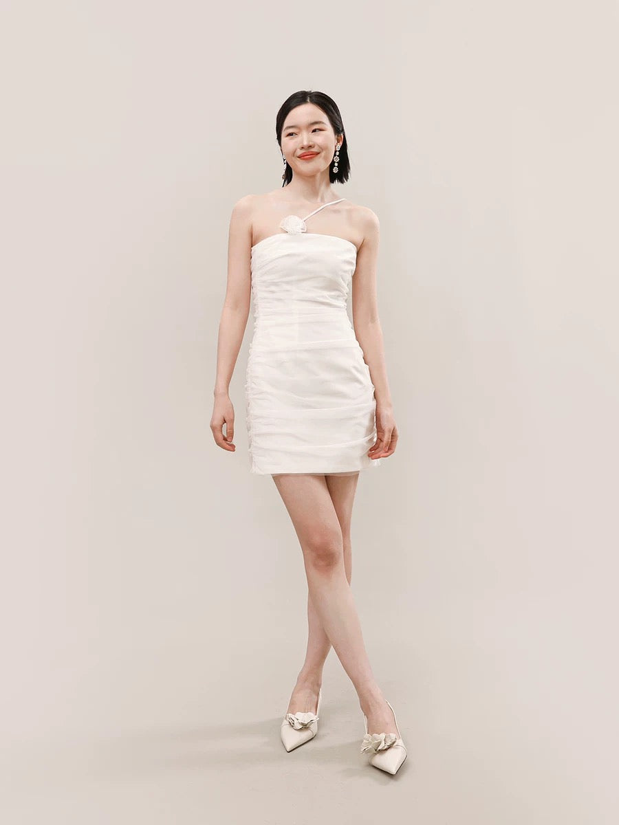 Bustier Shirring Mini Dress in White