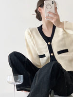 Load image into Gallery viewer, Contrast Ribbed Cardigan in Cream
