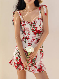 Chrysan Floral Tie Strap Mini Dress in White/Red