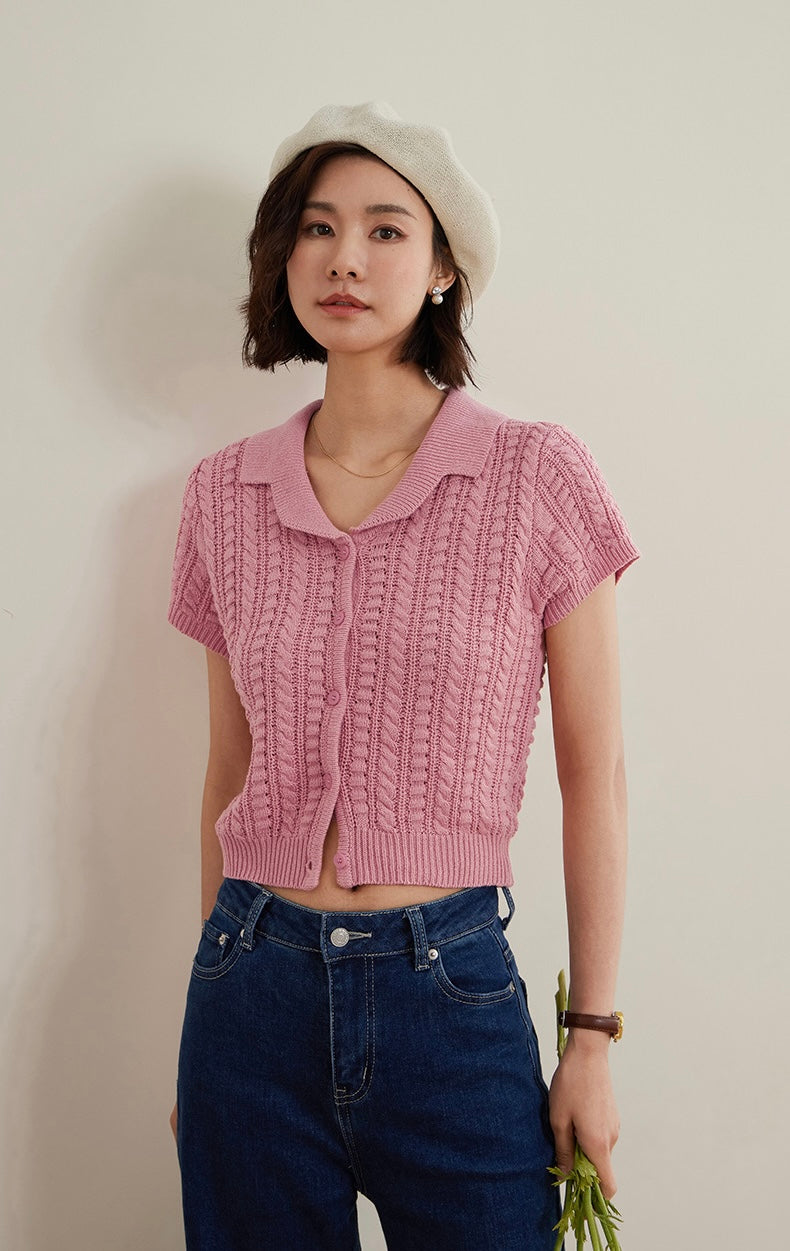 Knitted Polo Blouse in Pink