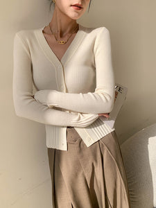 Duo Ribbed Button Cardigan in White