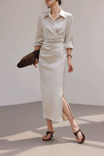 Load image into Gallery viewer, Satin Gathered Shirt Dress in Champagne
