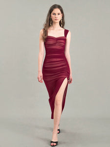 2-Way Shirring Slit Dress in Red