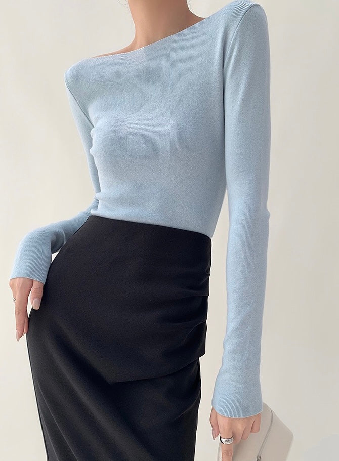 Knitted 2-Way Long Sleeve Top in Blue