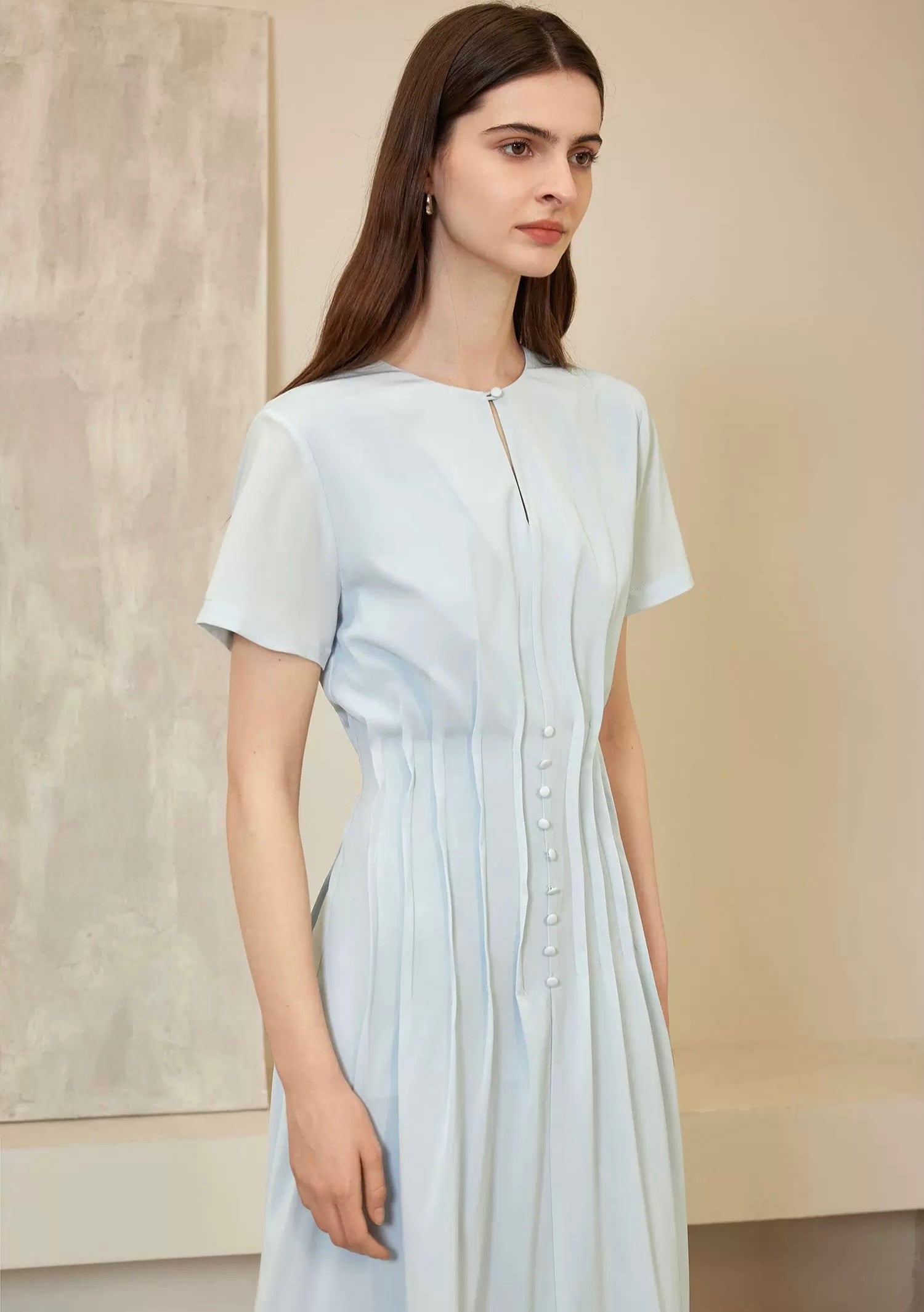 Button Pleat Dress in Blue