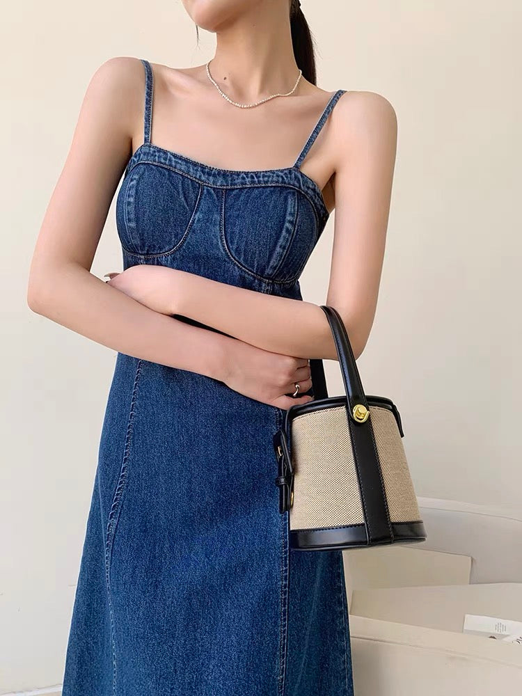 Denim Bustier Cami Maxi Dress in Blue