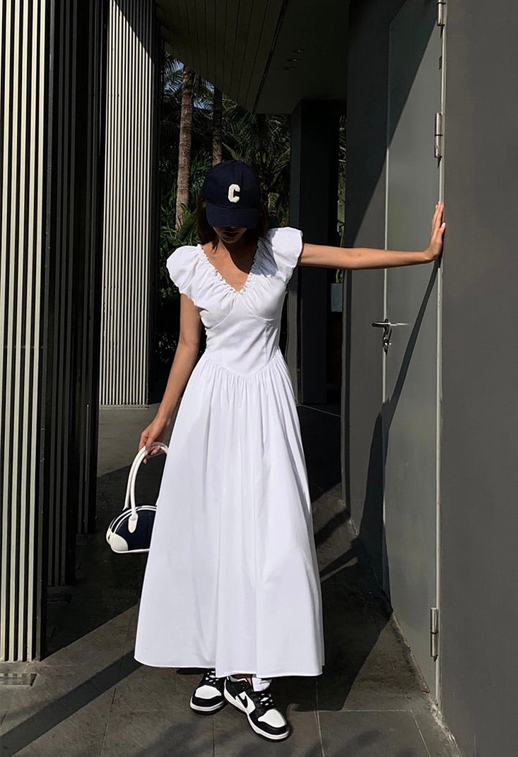 Gathered V Pocket Maxi Dress in White