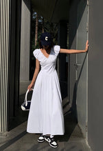 Load image into Gallery viewer, Gathered V Pocket Maxi Dress in White
