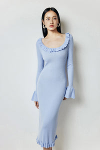 Knitted Ruffle Midi Dress in Blue