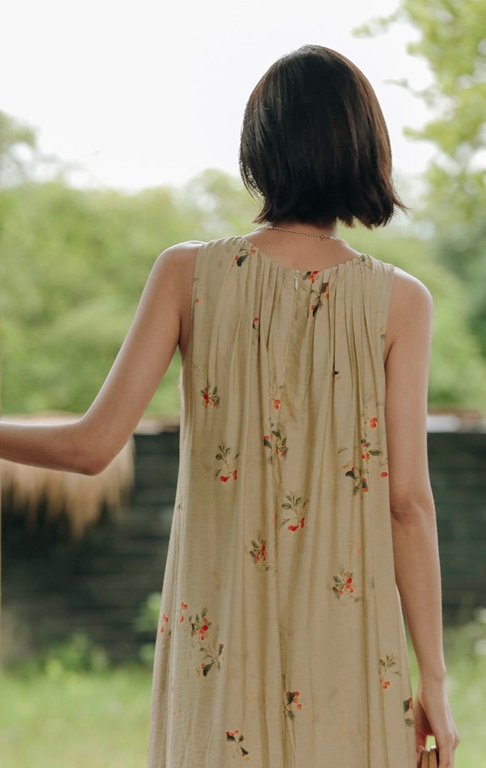 Floral Sleeveless Tent Dress in Beige