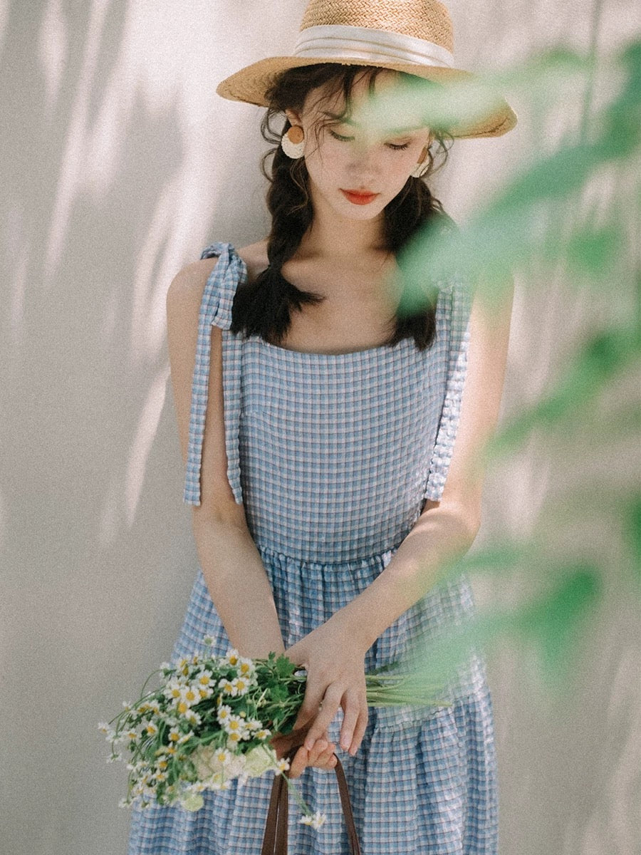 Seersucker Shoulder Tie Maxi Dress in Blue