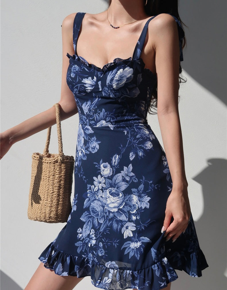 Nilee Floral Tie Strap Mini Dress in Blue