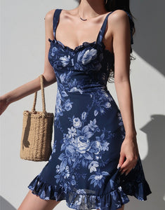 Nilee Floral Tie Strap Mini Dress in Blue