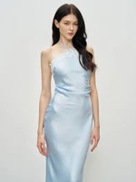 Load image into Gallery viewer, Satin Halter Lace Gathered Gown in Blue
