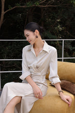 Load image into Gallery viewer, Satin Gathered Shirt Dress in Champagne

