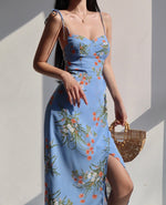 Load image into Gallery viewer, Cayha Floral Wrap Tie Strap Slit Dress in Blue
