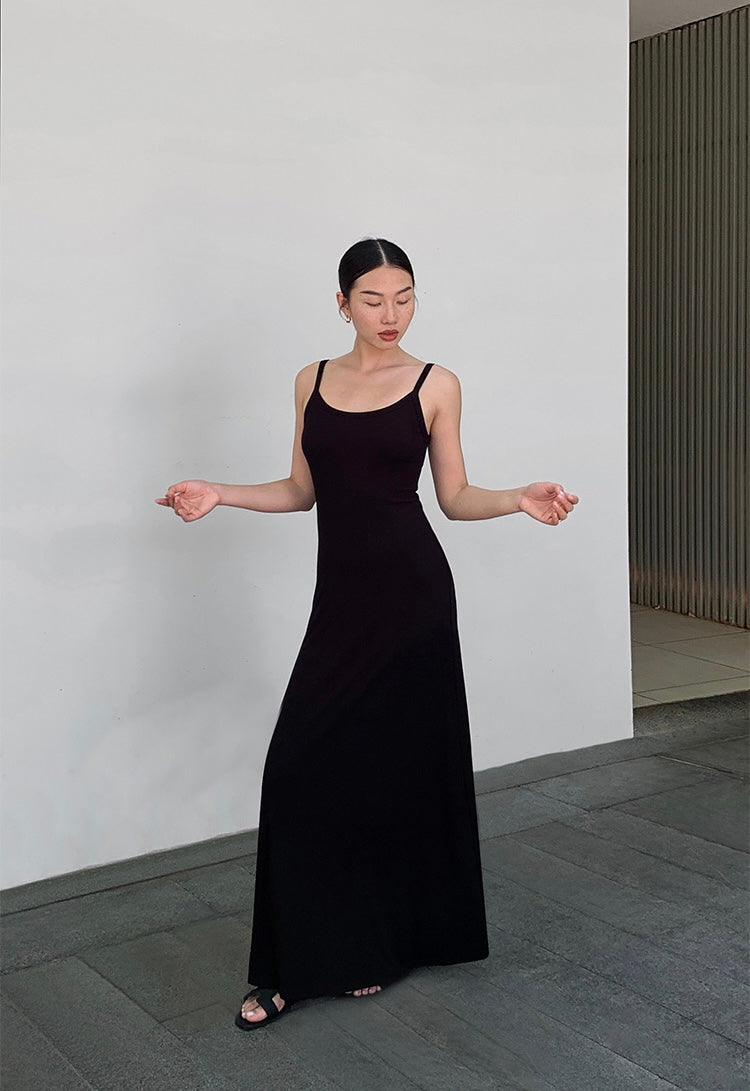 Stretch Cami Maxi Flare Dress in Black