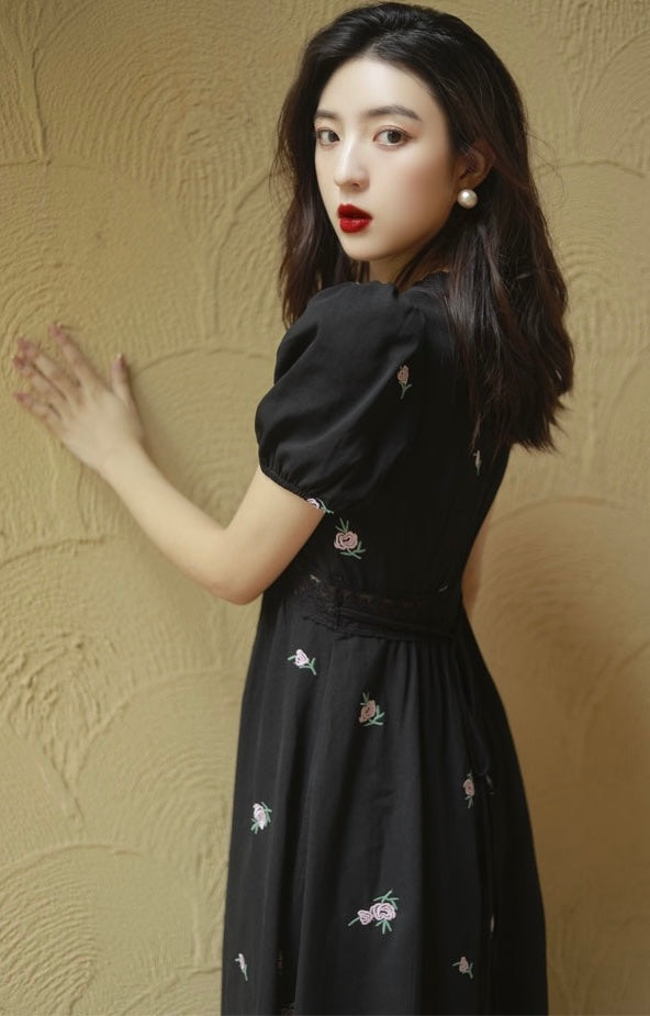 Floral Puff Sleeve Empire Dress in Black