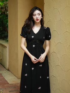 Floral Puff Sleeve Empire Dress in Black